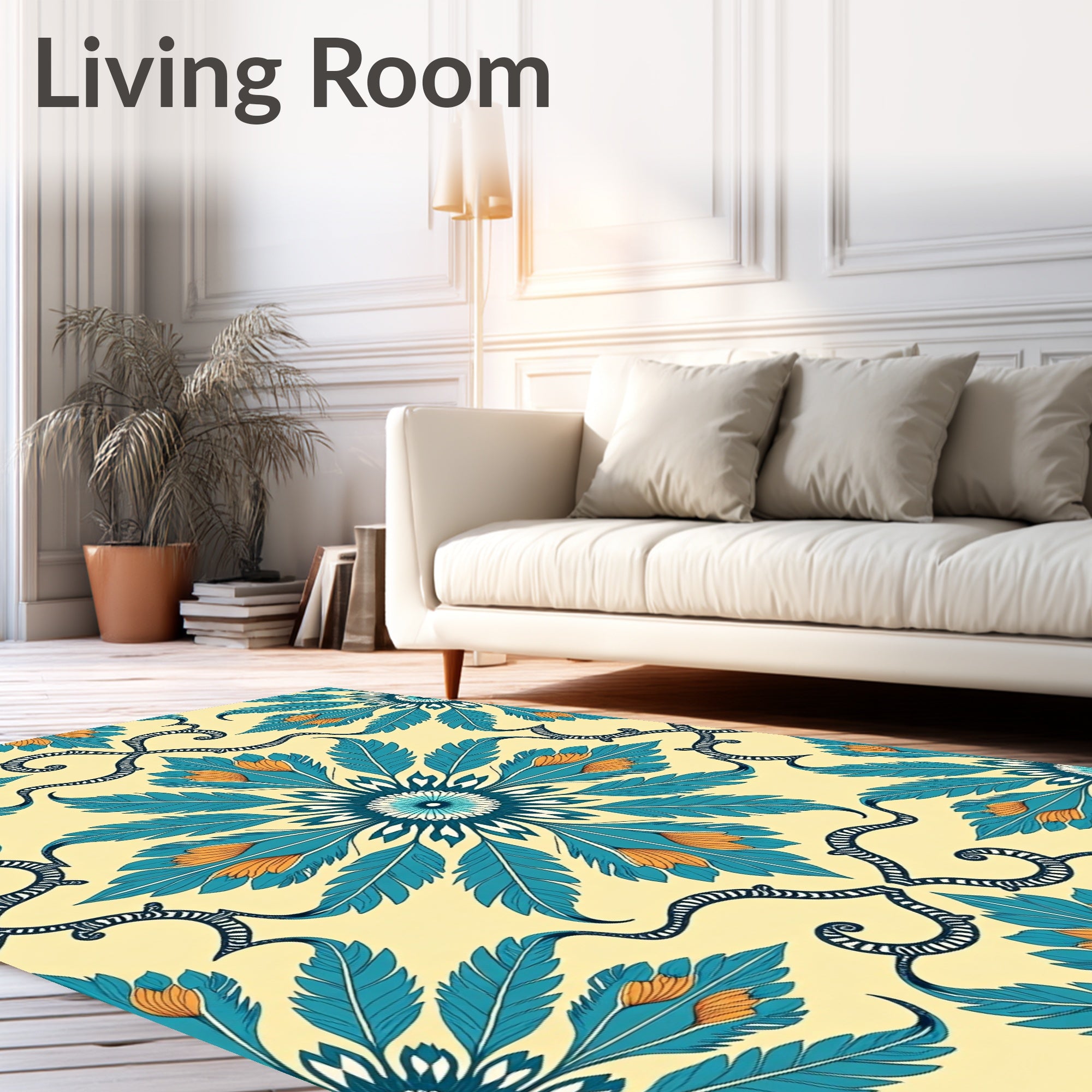 Blue Orange Floral Medallion Pattern Rug