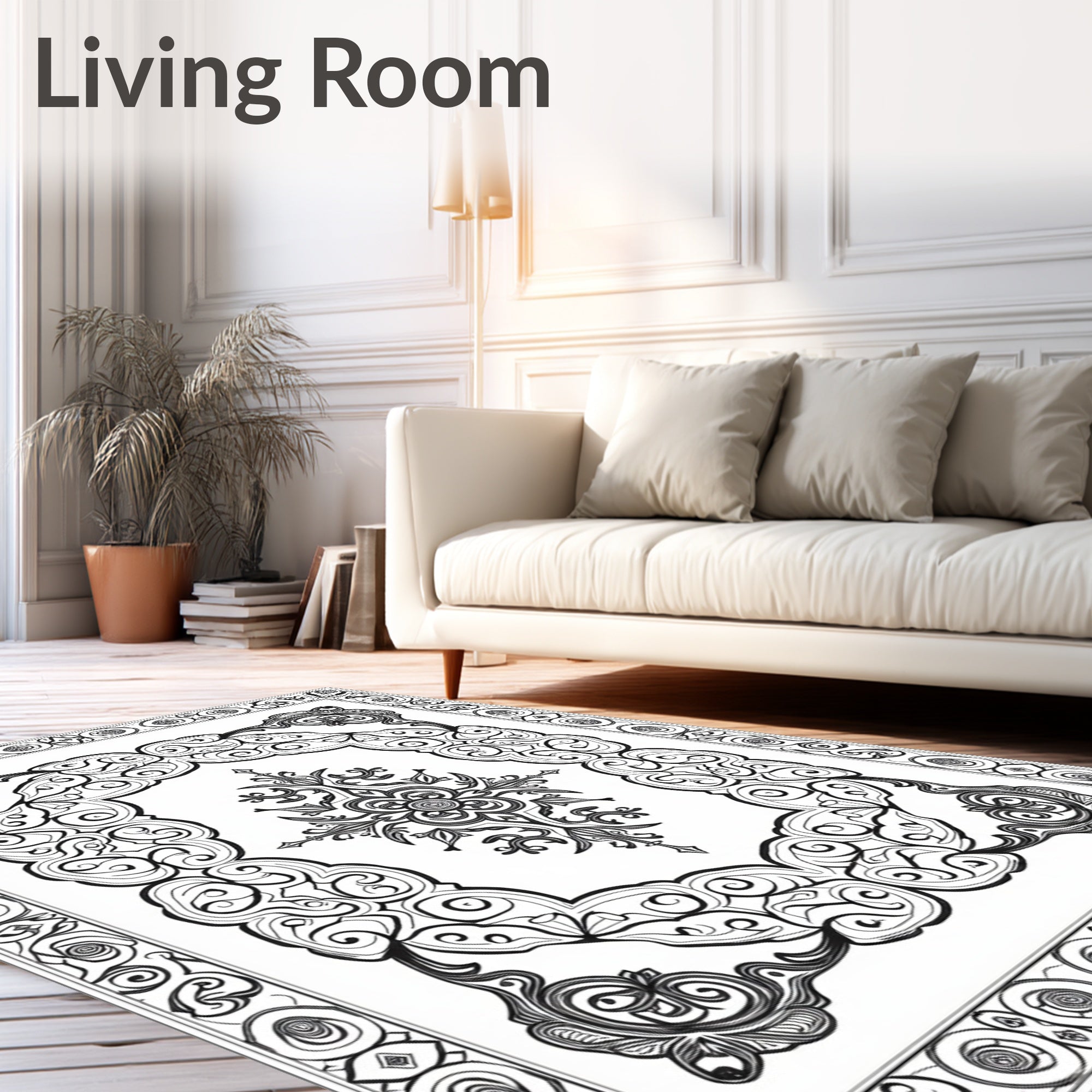 Ornate Black and White Centerpiece Rug