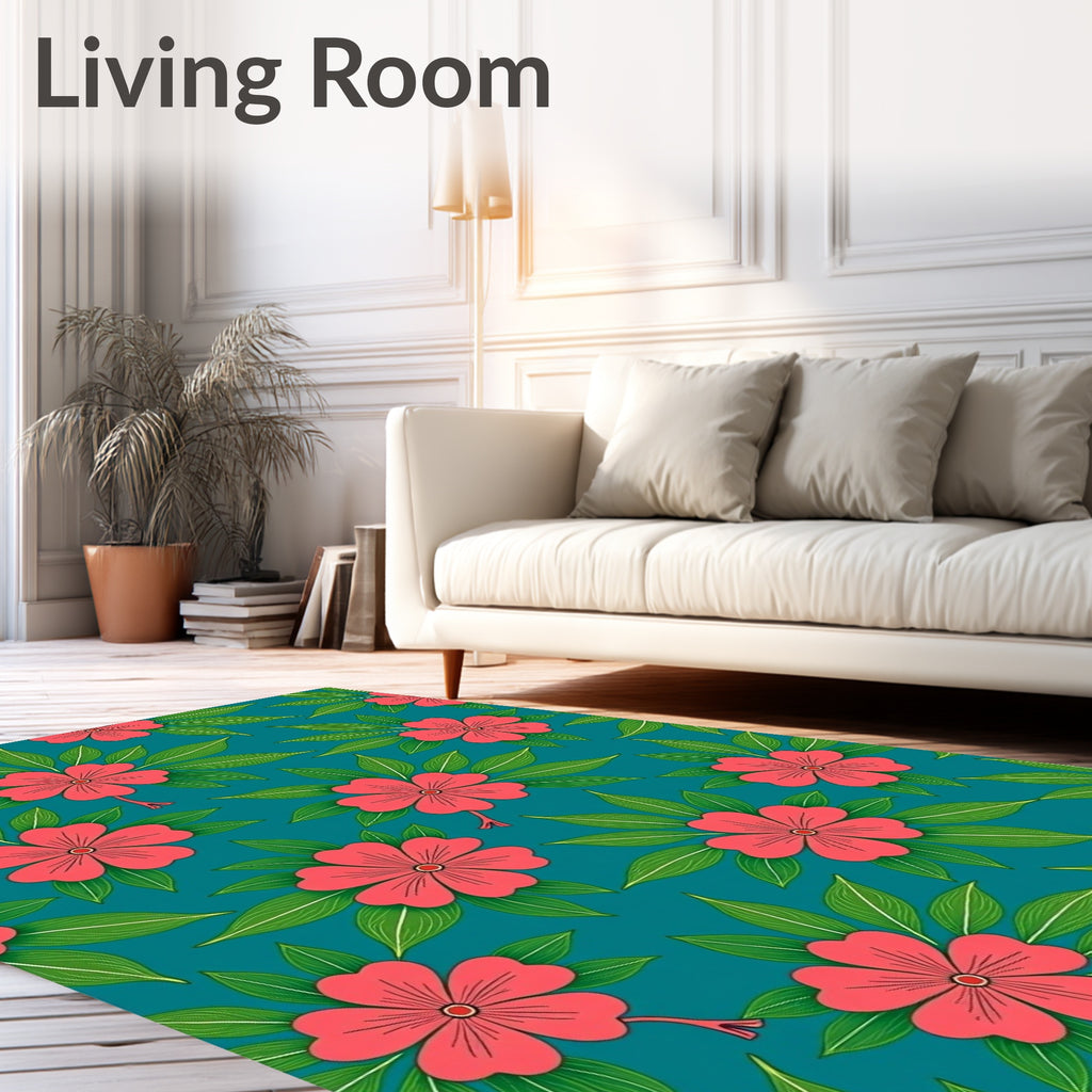 Salmon Pink Floral Pattern Tile Rug