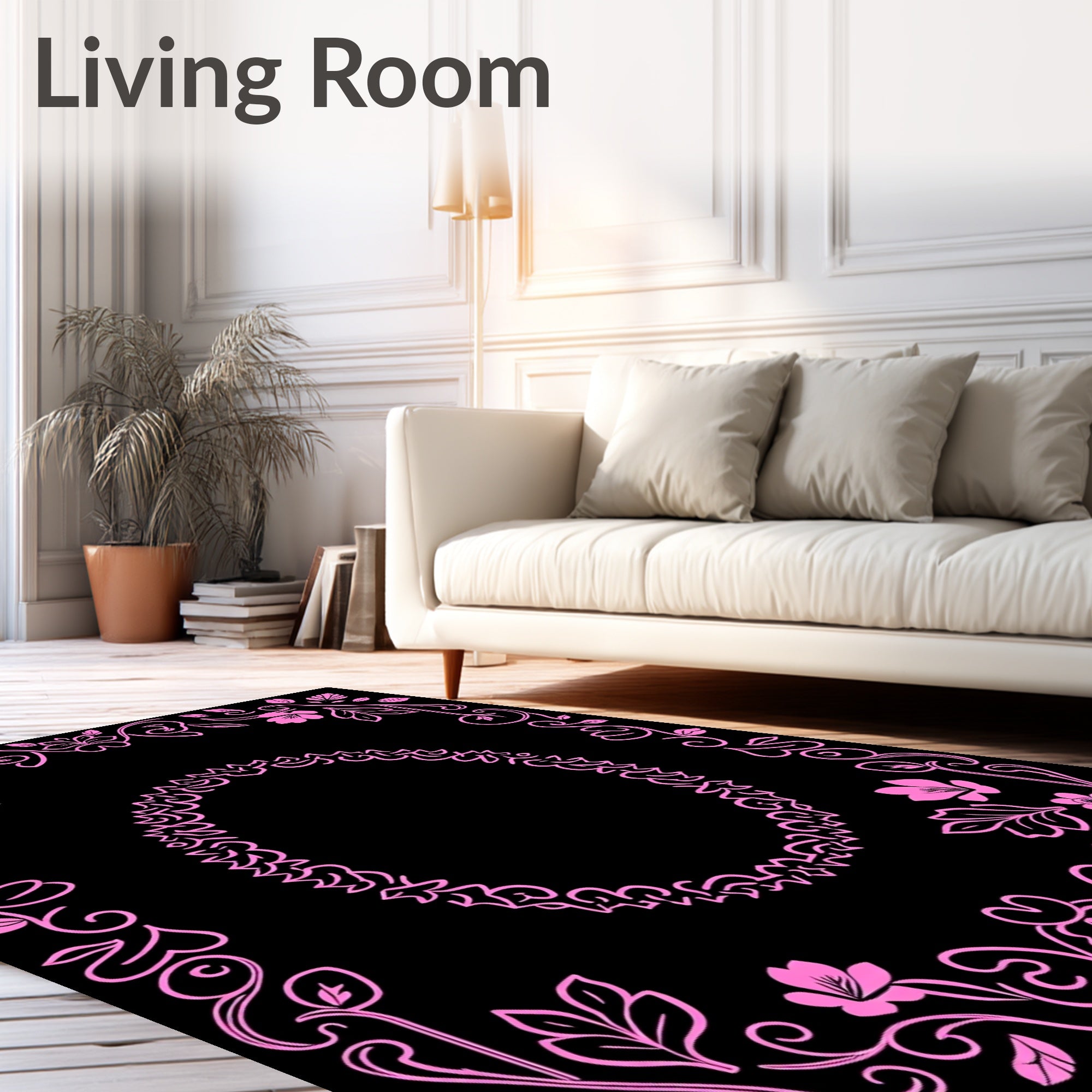 Pink Floral Swirl Oval Frame Design Rug