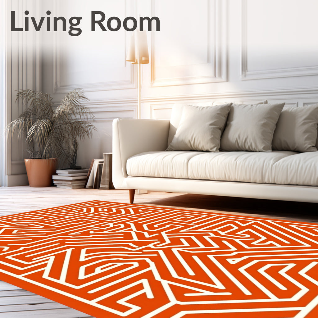 Modern Orange Abstract Maze Design Rug