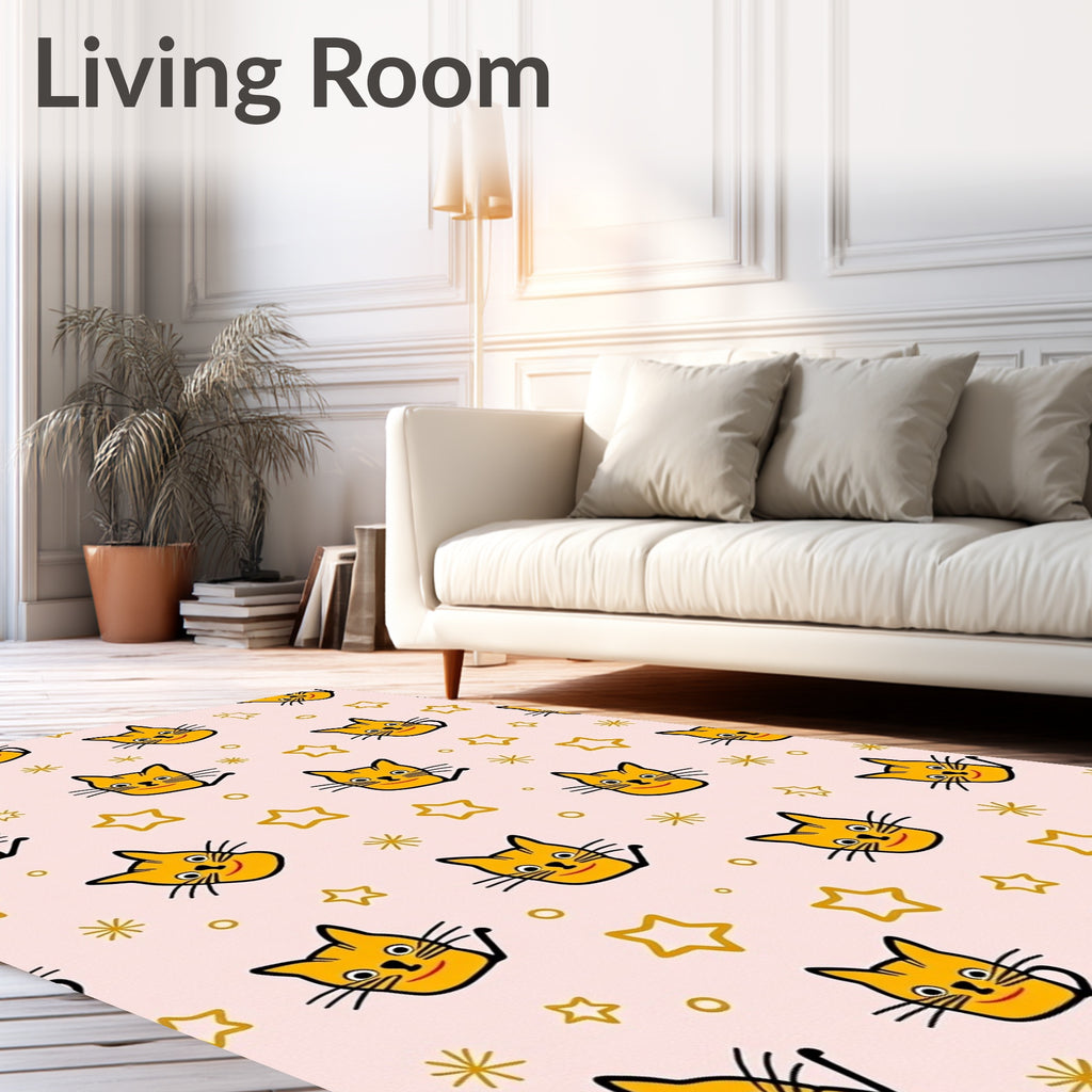 Whimsical Yellow Cat Star Pattern Rug