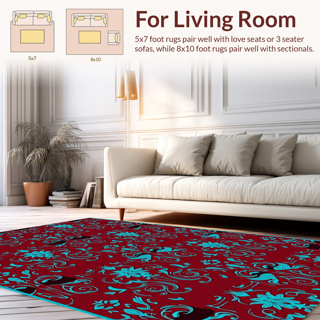 Turquoise Floral Scroll Damask Pattern Rug