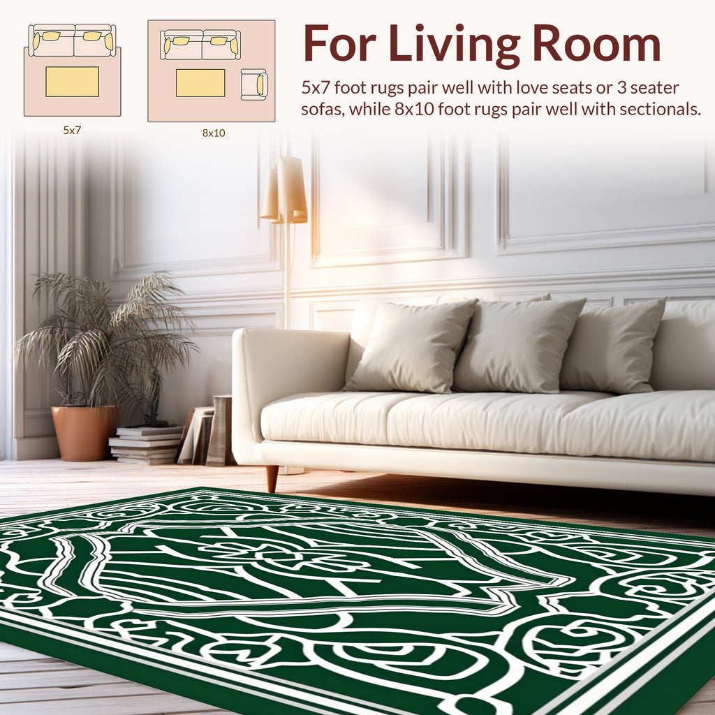 Dark Green White Classic Scroll Pattern Rug