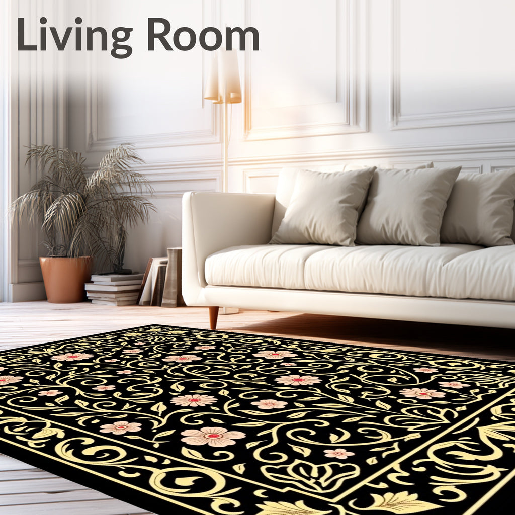 Black Garden Floral Vine Pattern Rug