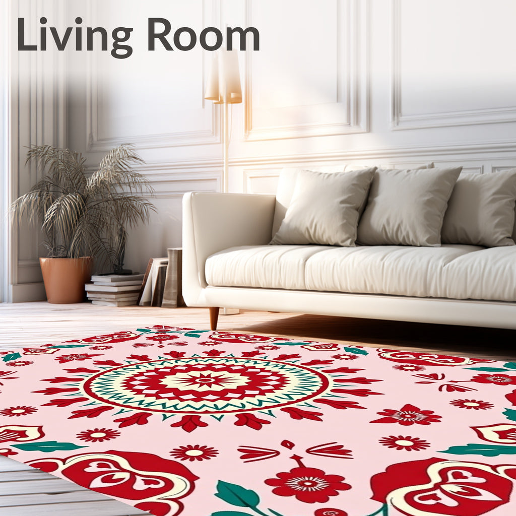 Red Green Floral Mandala Rug