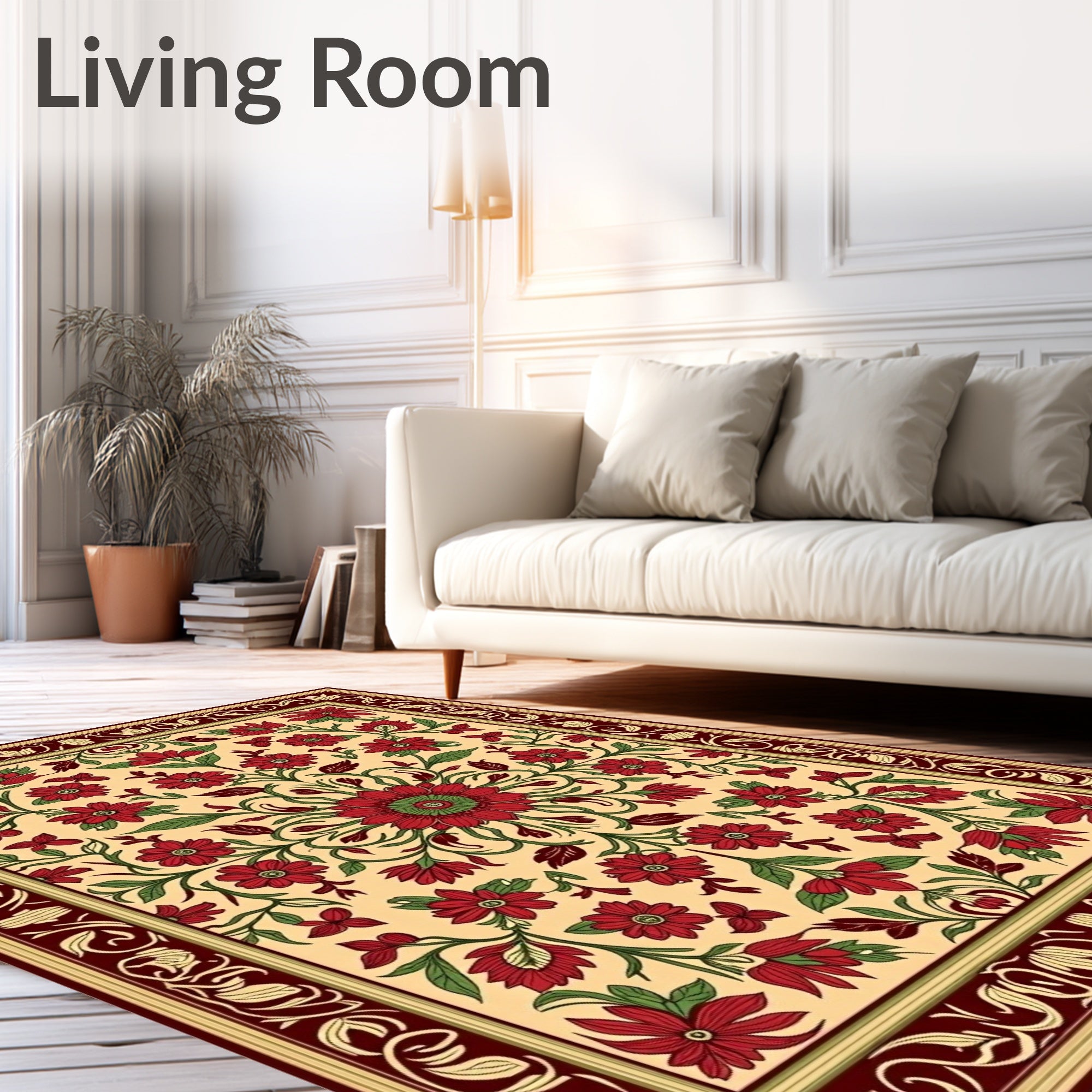 Red Floral Cream Burgundy Border Design Rug