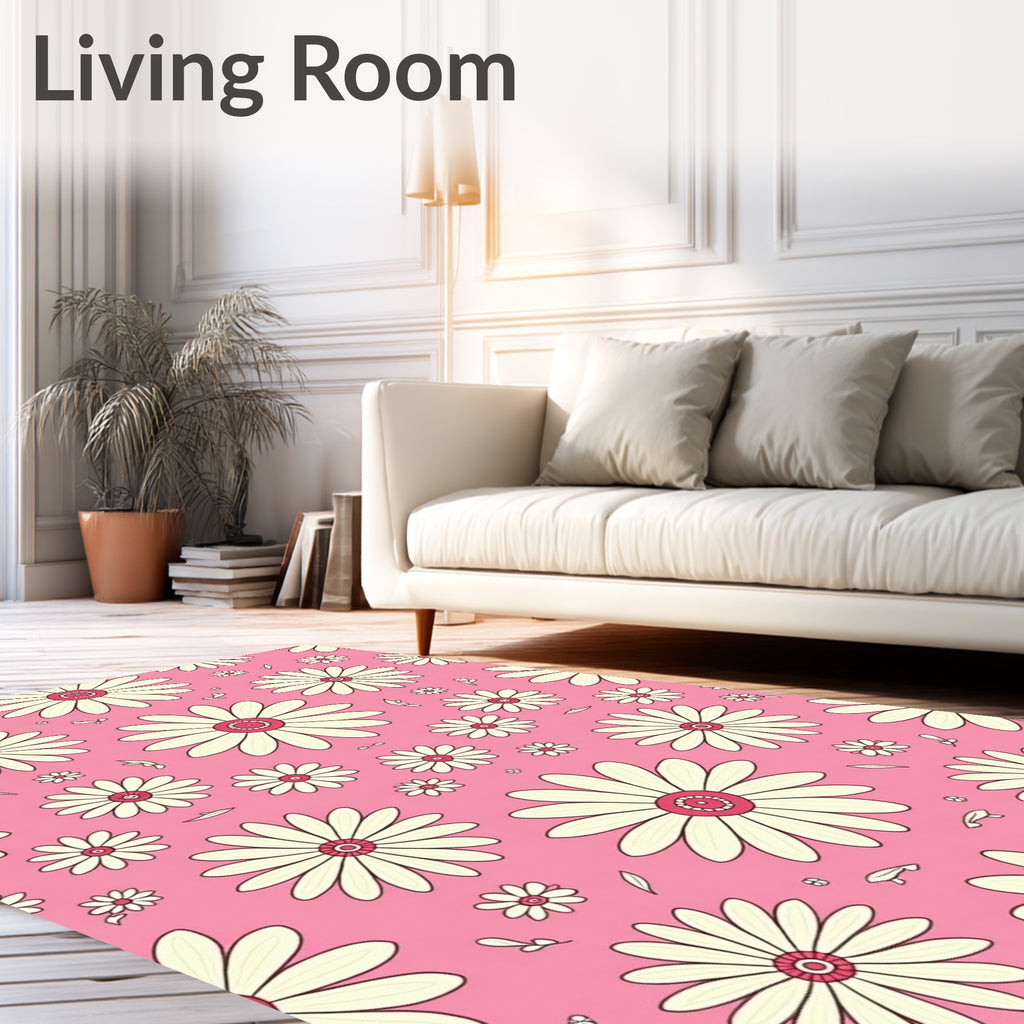 Pink Daisy Patterned Floral Rug
