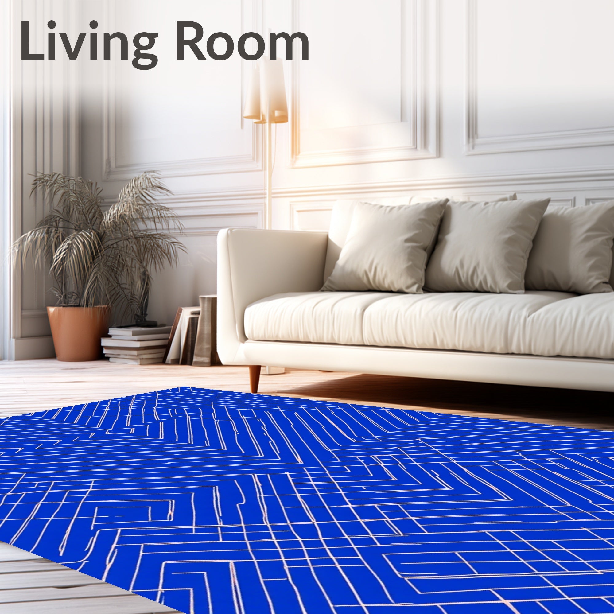Blue White Geometric Line Art Design Rug