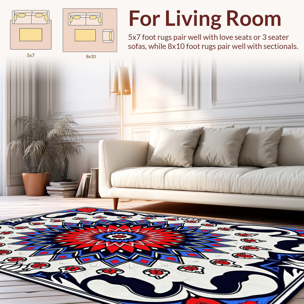 Bold Radial Mandala Red Blue Design Rug
