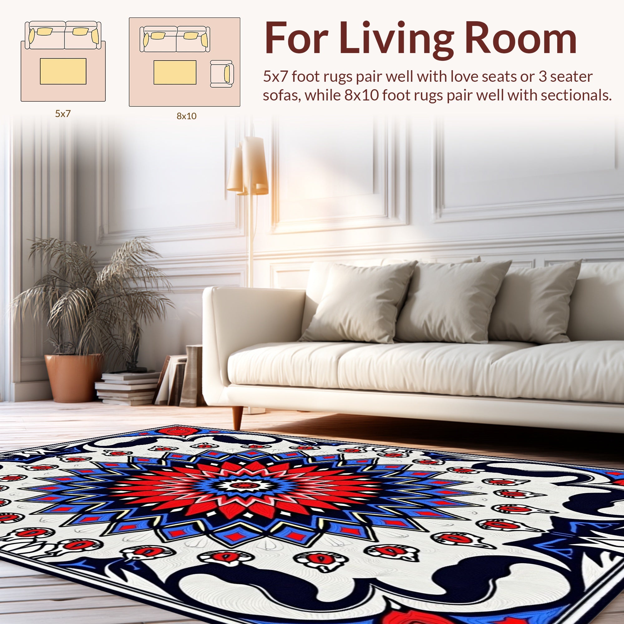 Bold Radial Mandala Red Blue Design Rug