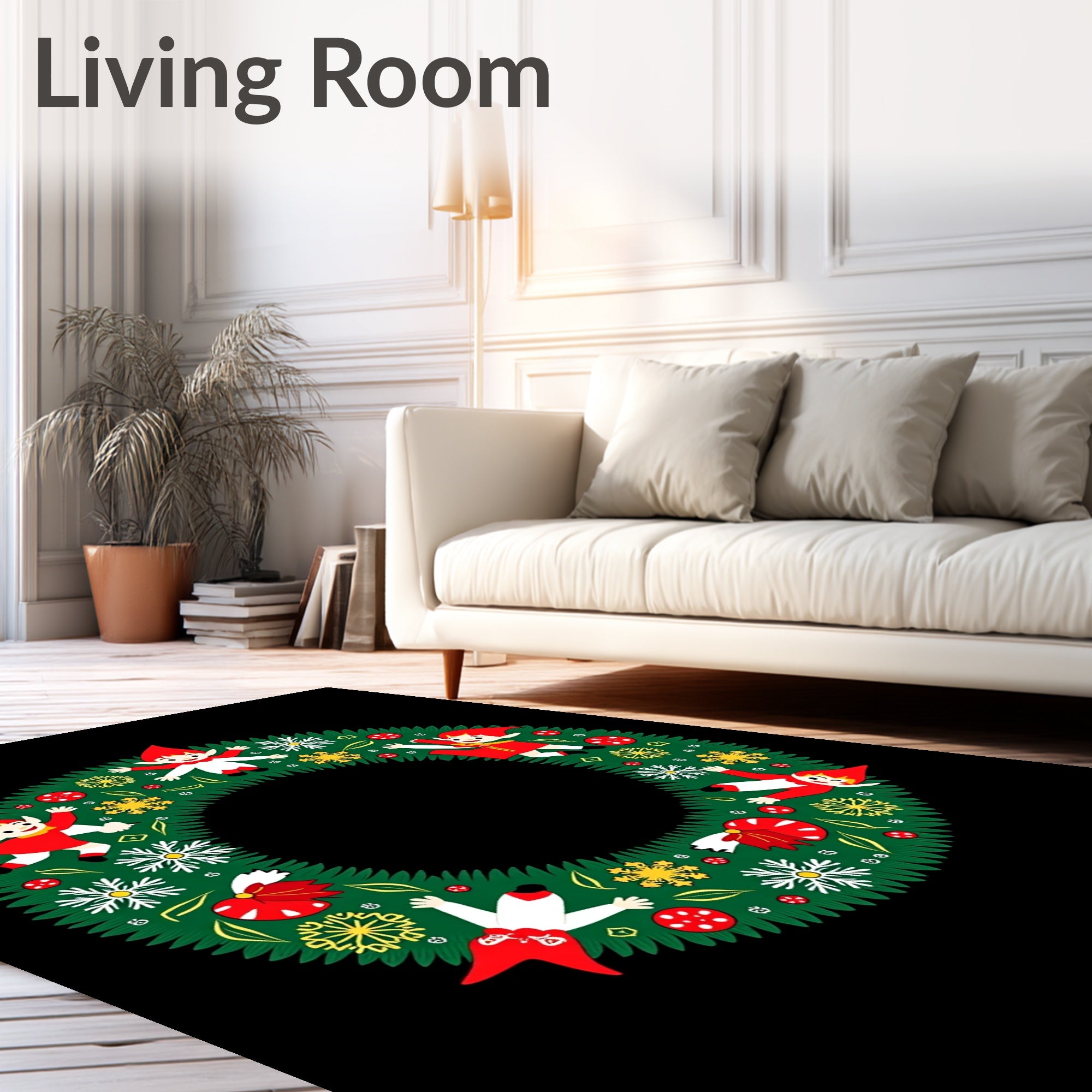 Whimsical Elves Snowflake Green Wreath Rug