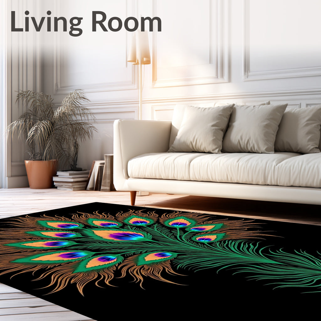 Vibrant Peacock Feather Floral Design Rug
