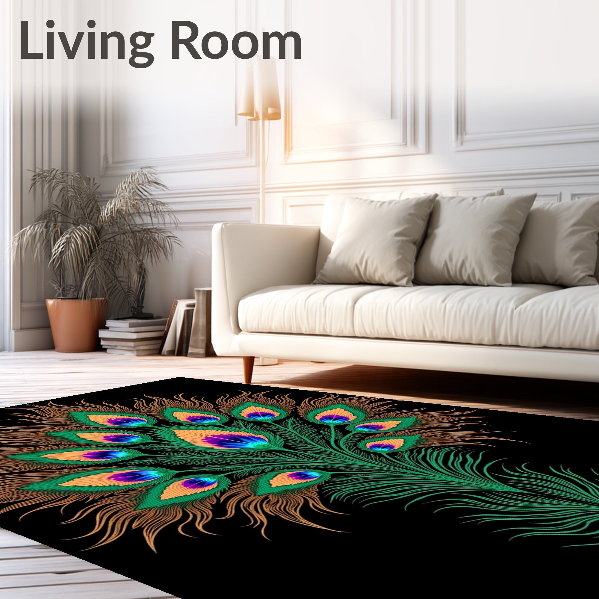 Vibrant Peacock Feather Floral Design Rug