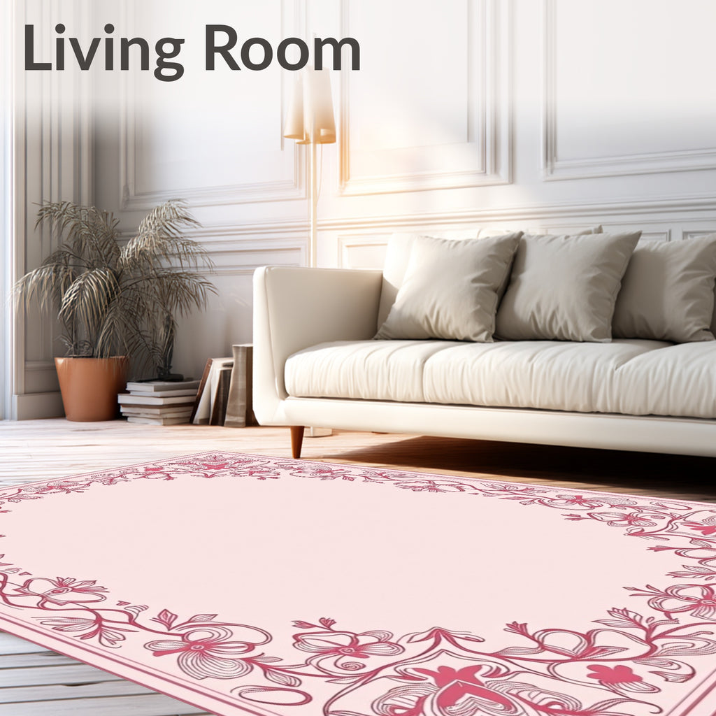 Ornate Pink Floral Scroll Border Design Rug