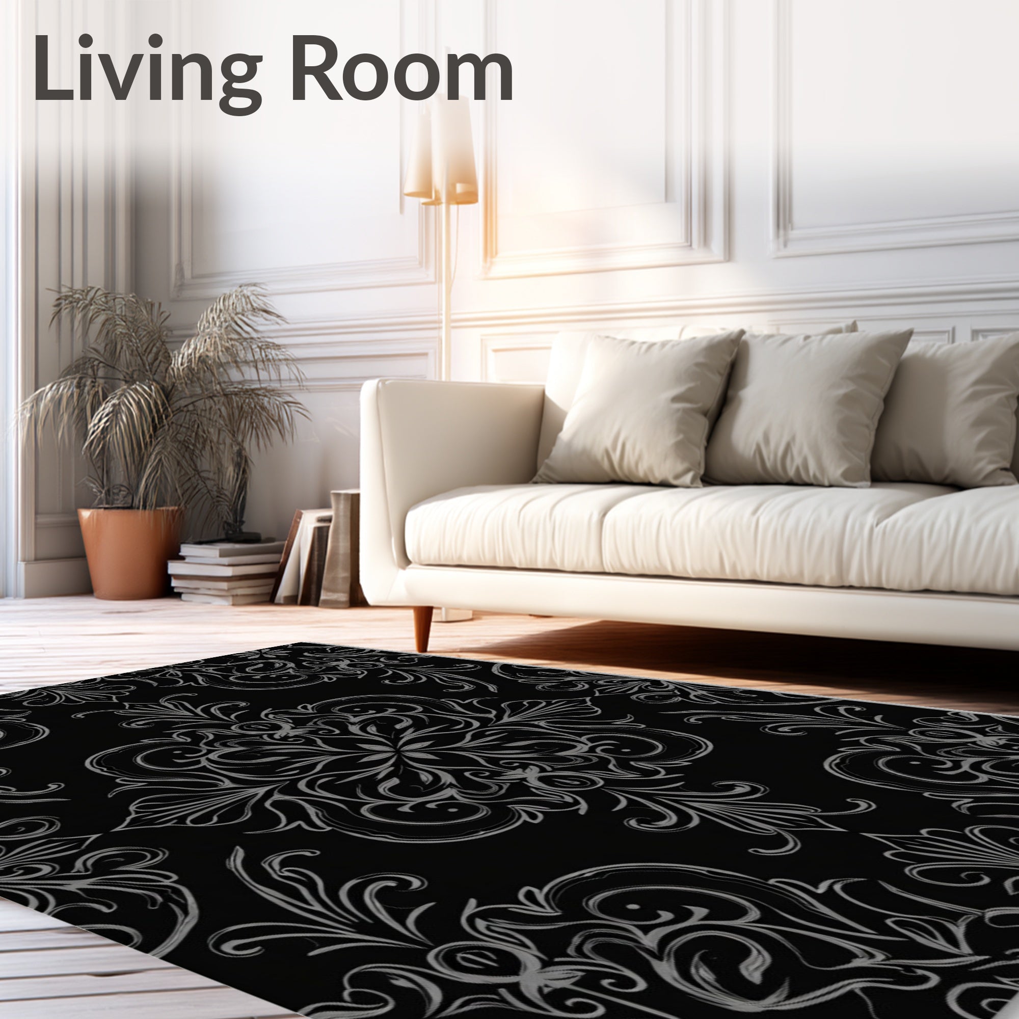 Ornate Gray Floral Damask Pattern Rug