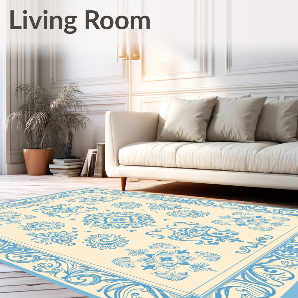 Light Blue Ornamental Scrollwork Medallion Rug