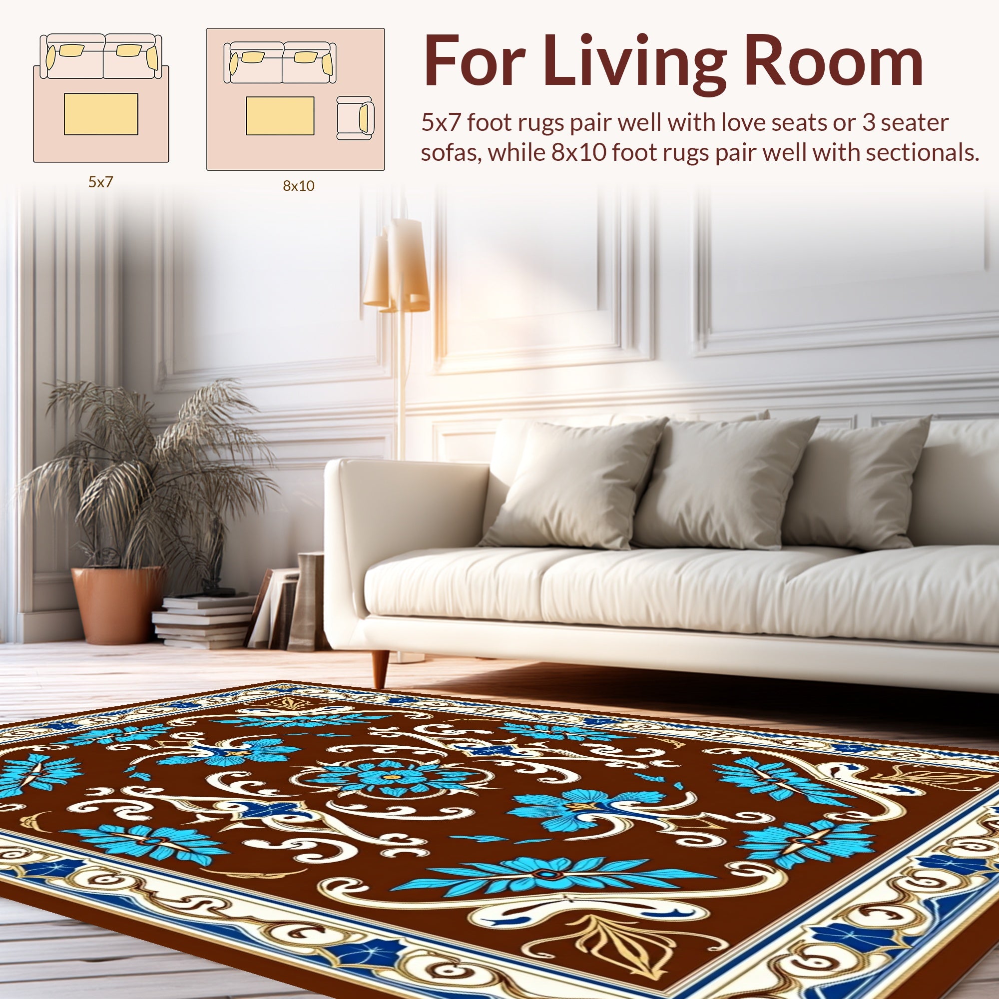 Ornate Teal Floral Brown Pattern Design Rug