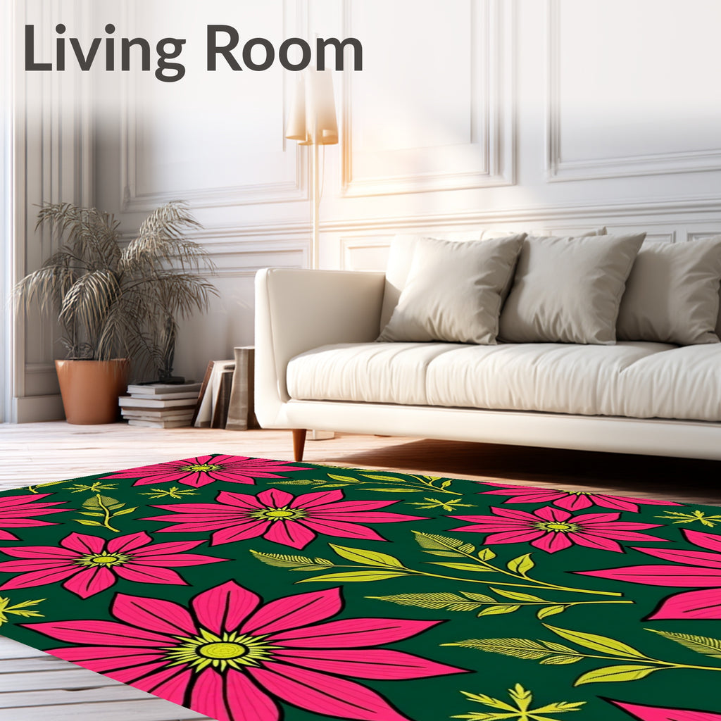 Vibrant Pink Floral Garden Green Rug