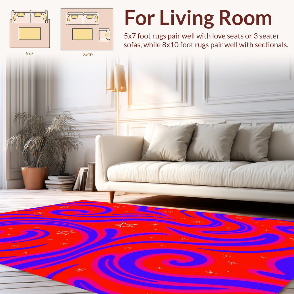 Red Blue Swirls With Stars Pattern Rug