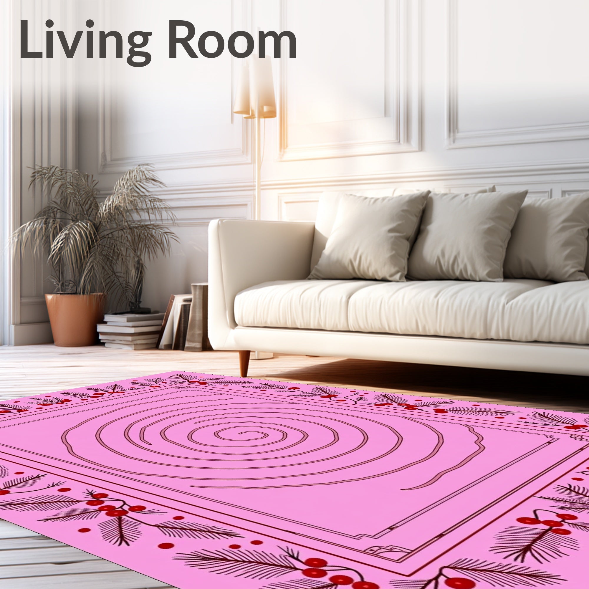 Pink Swirl Botanical Border Design Rug