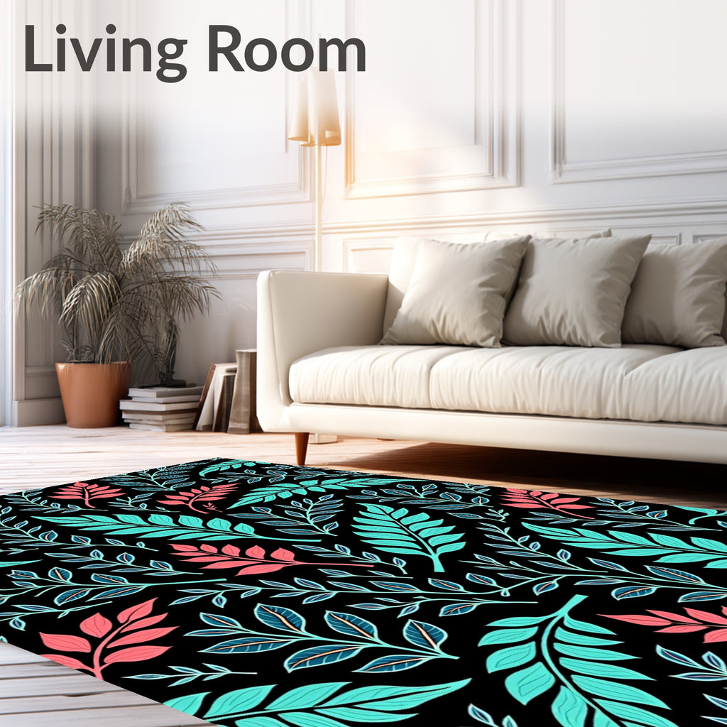 Aqua Coral Foliage Branches Black Background Rug