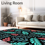 Aqua Coral Foliage Branches Black Background Rug