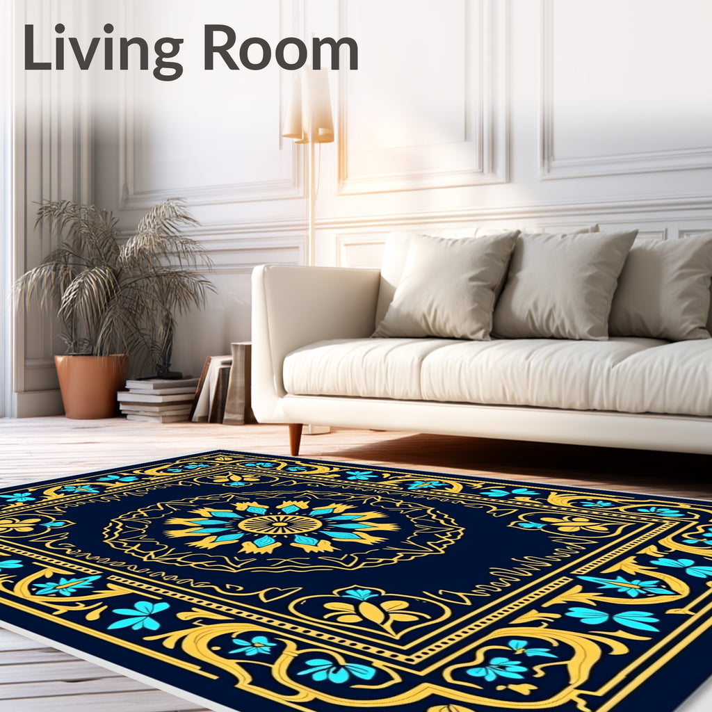 Intricate Blue Yellow Floral Mandala Pattern Rug