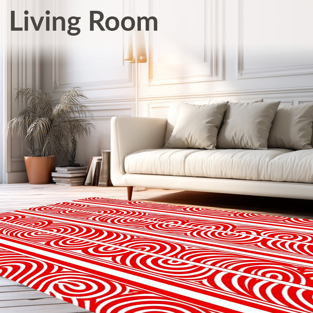 Red White Swirl Striped Pattern Rug