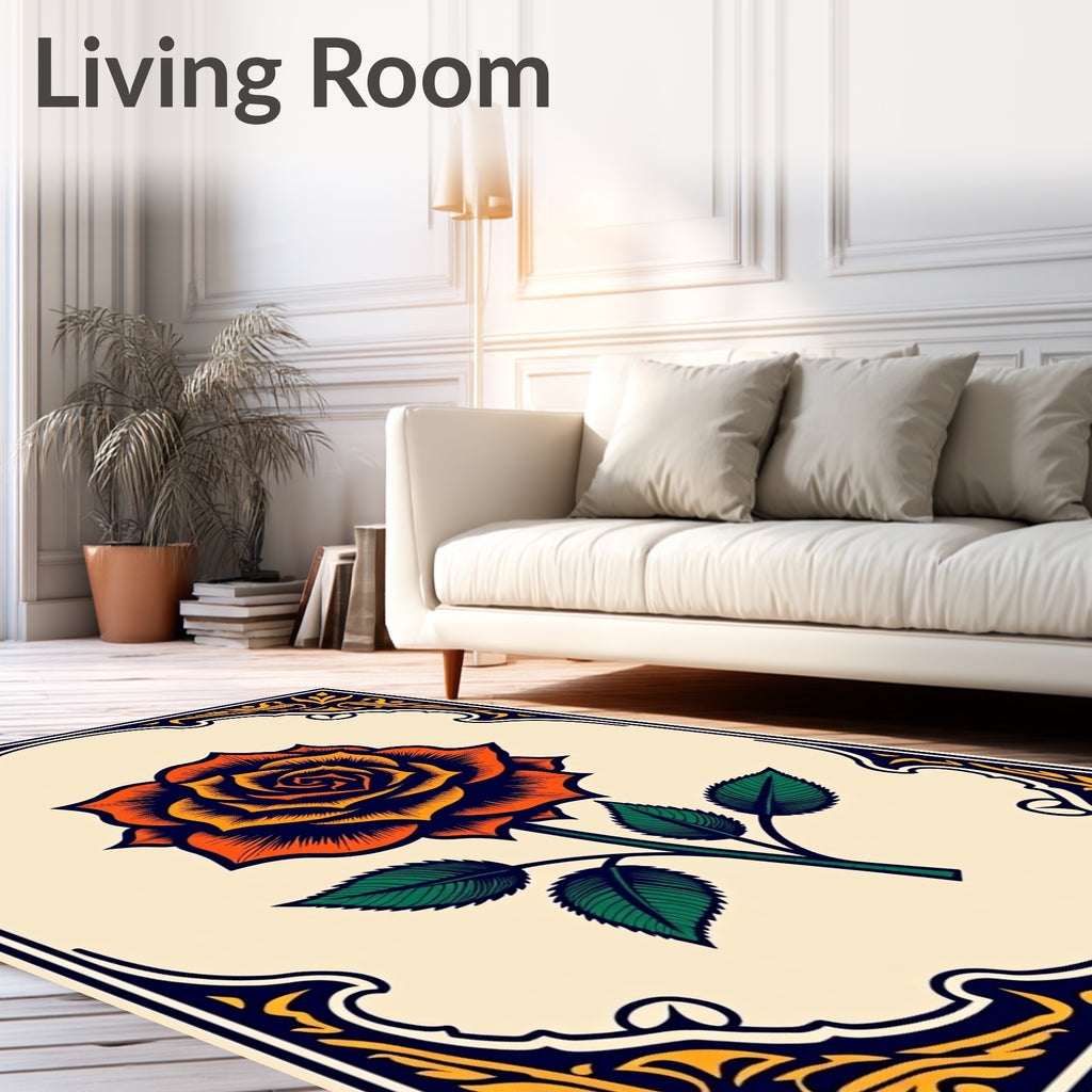 Bold Orange Rose Floral Border Design Rug