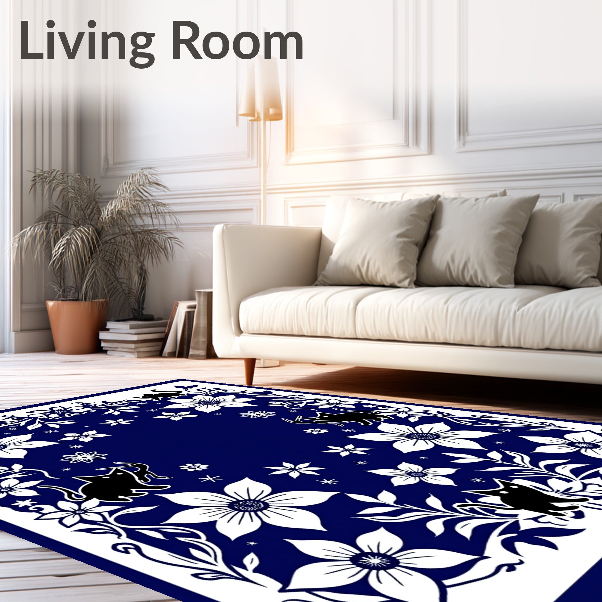 Whimsical Black Cats Floral Border Pattern Rug