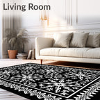 Bold Black White Floral Frame Rug