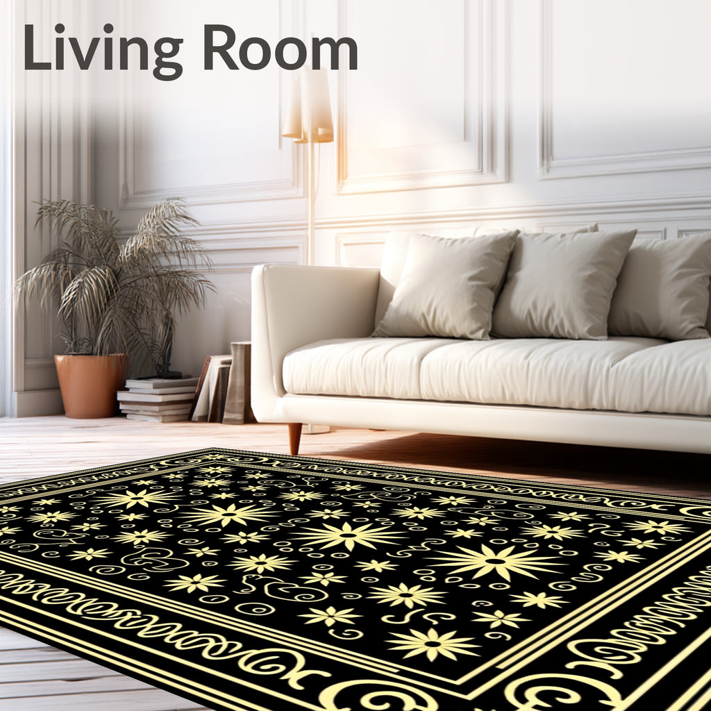 Black Golden Floral Scroll Border Rug