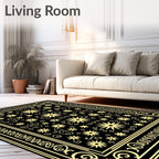 Black Golden Floral Scroll Border Rug