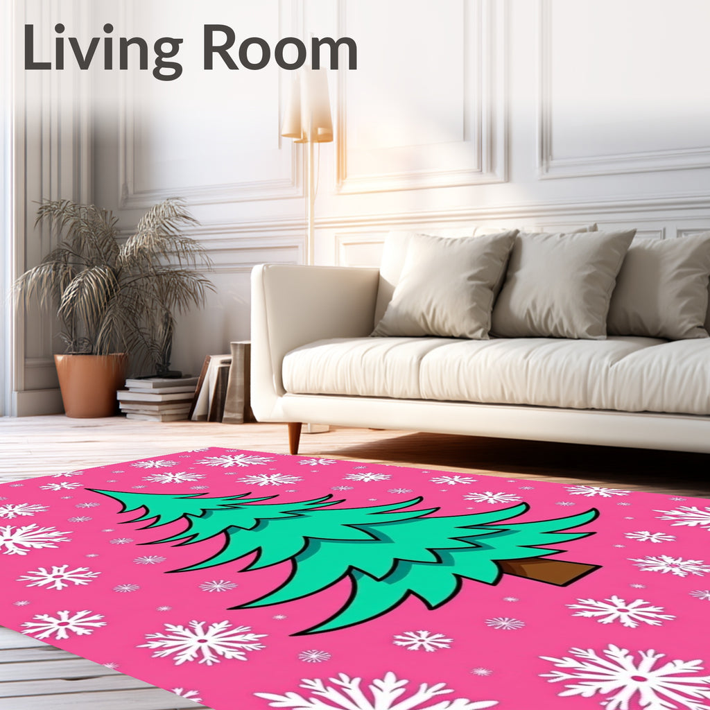 Pink Snowflake Christmas Tree Design Rug