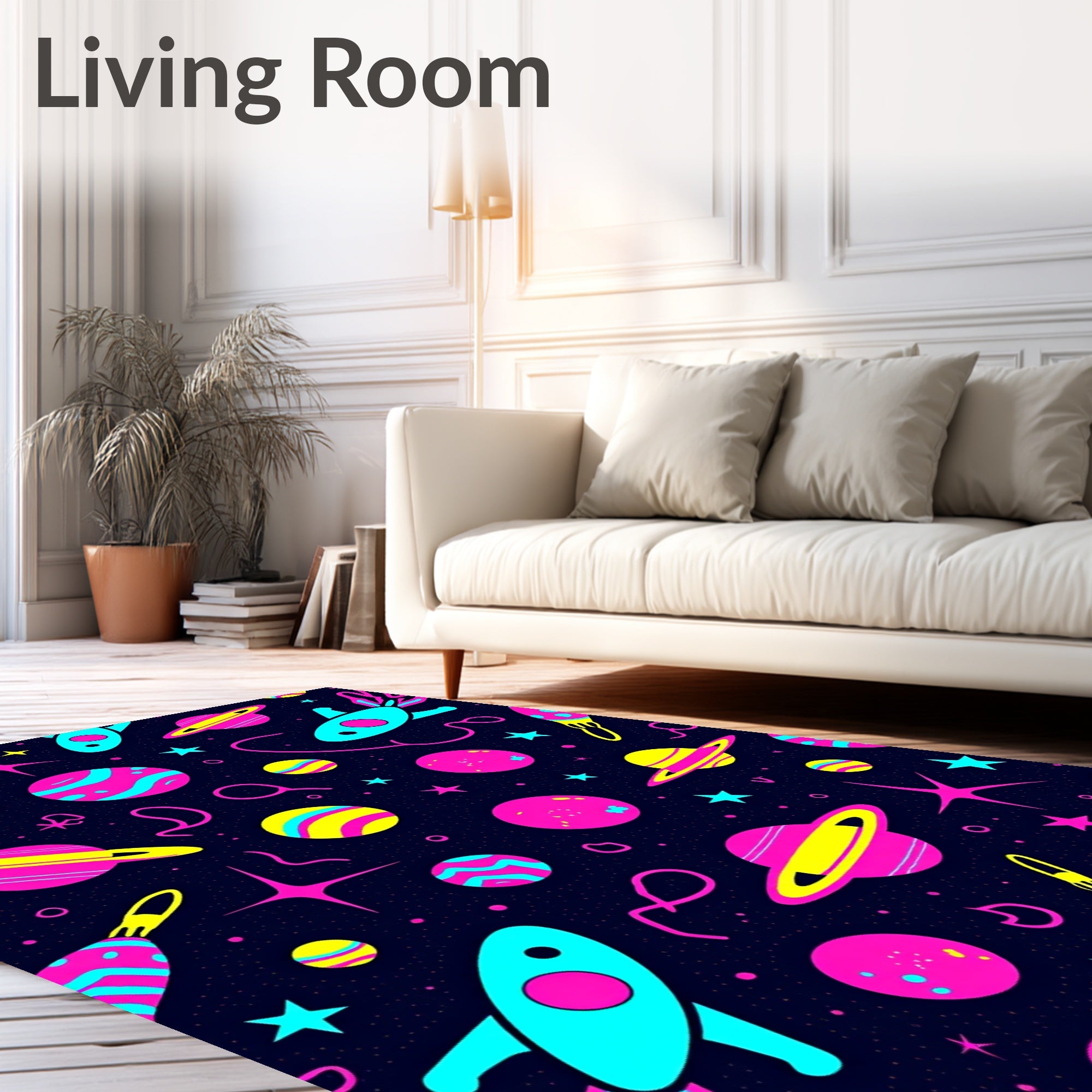 Retro Space Rocket Planets Neon Rug