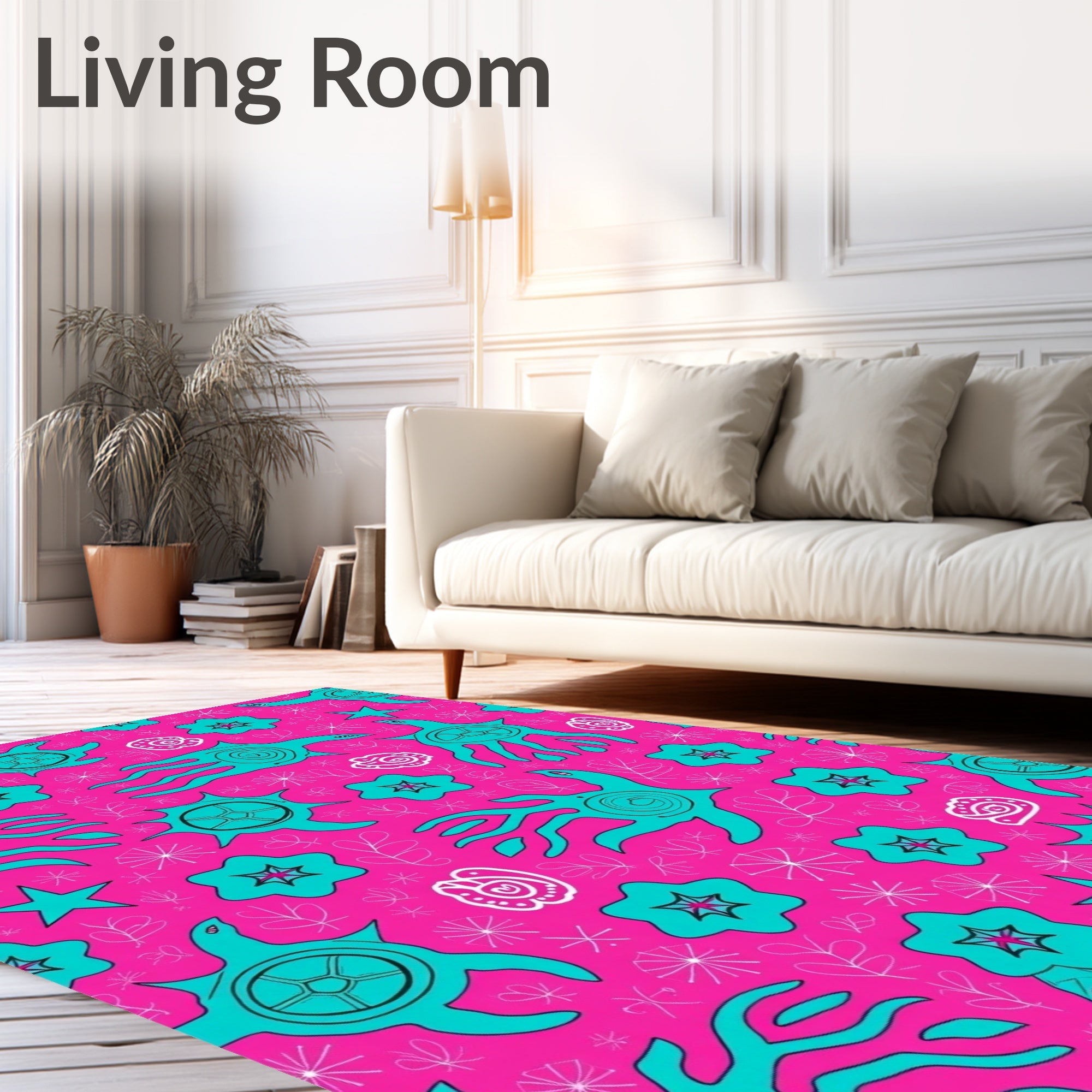 Whimsical Teal Creatures Flowers Design Rug