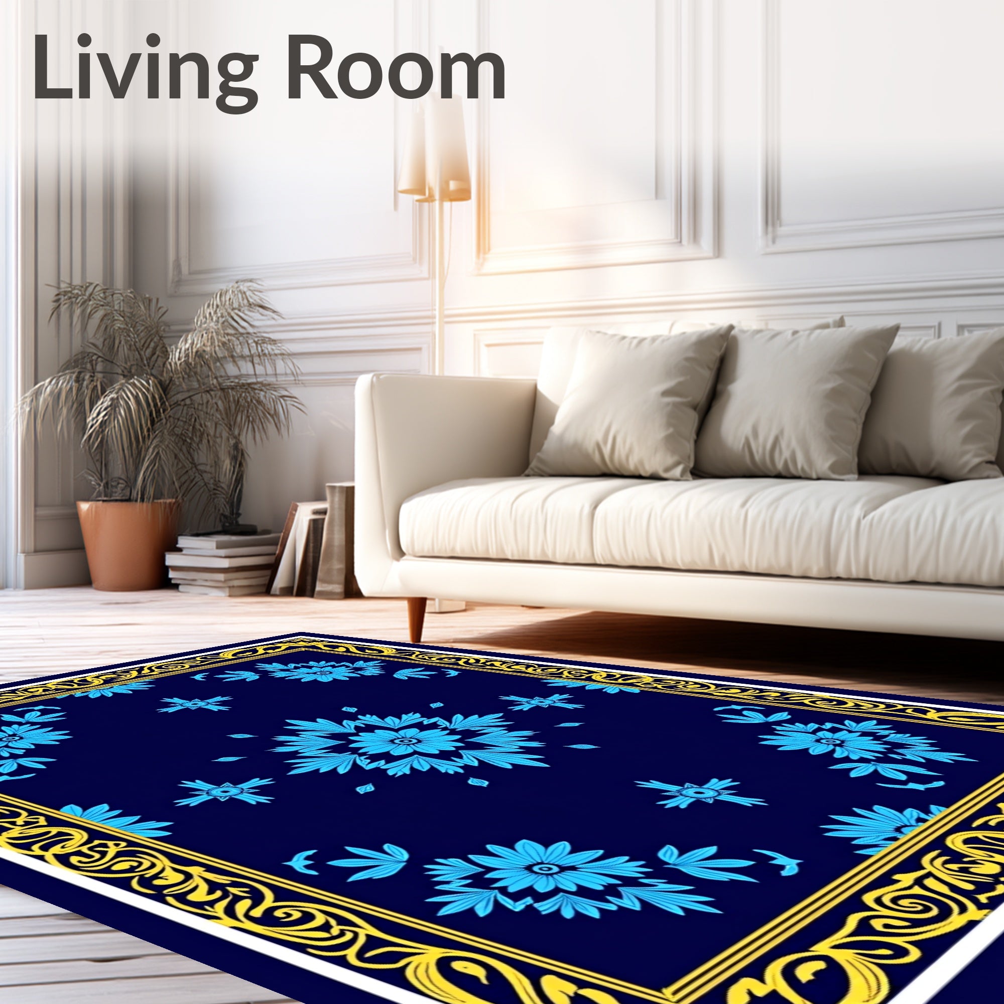 Blue Floral Medallion Border Design Rug