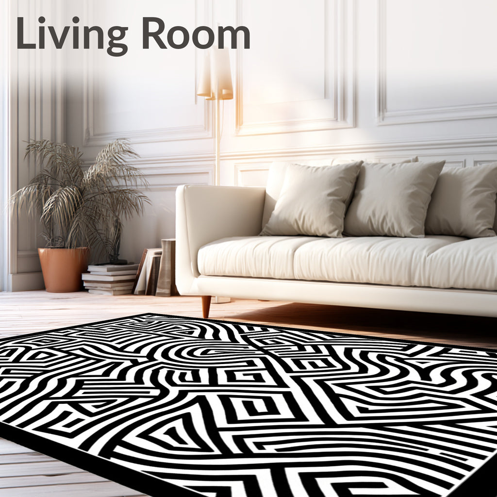 Black White Abstract Maze Pattern Rug