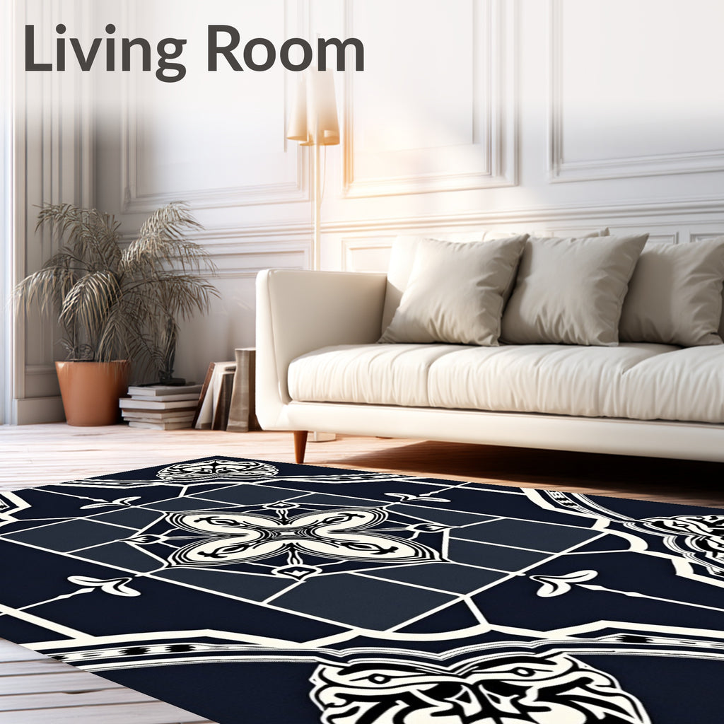 Dark Navy Cream Geometric Floral Medallion Rug