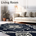 Dark Navy Cream Geometric Floral Medallion Rug