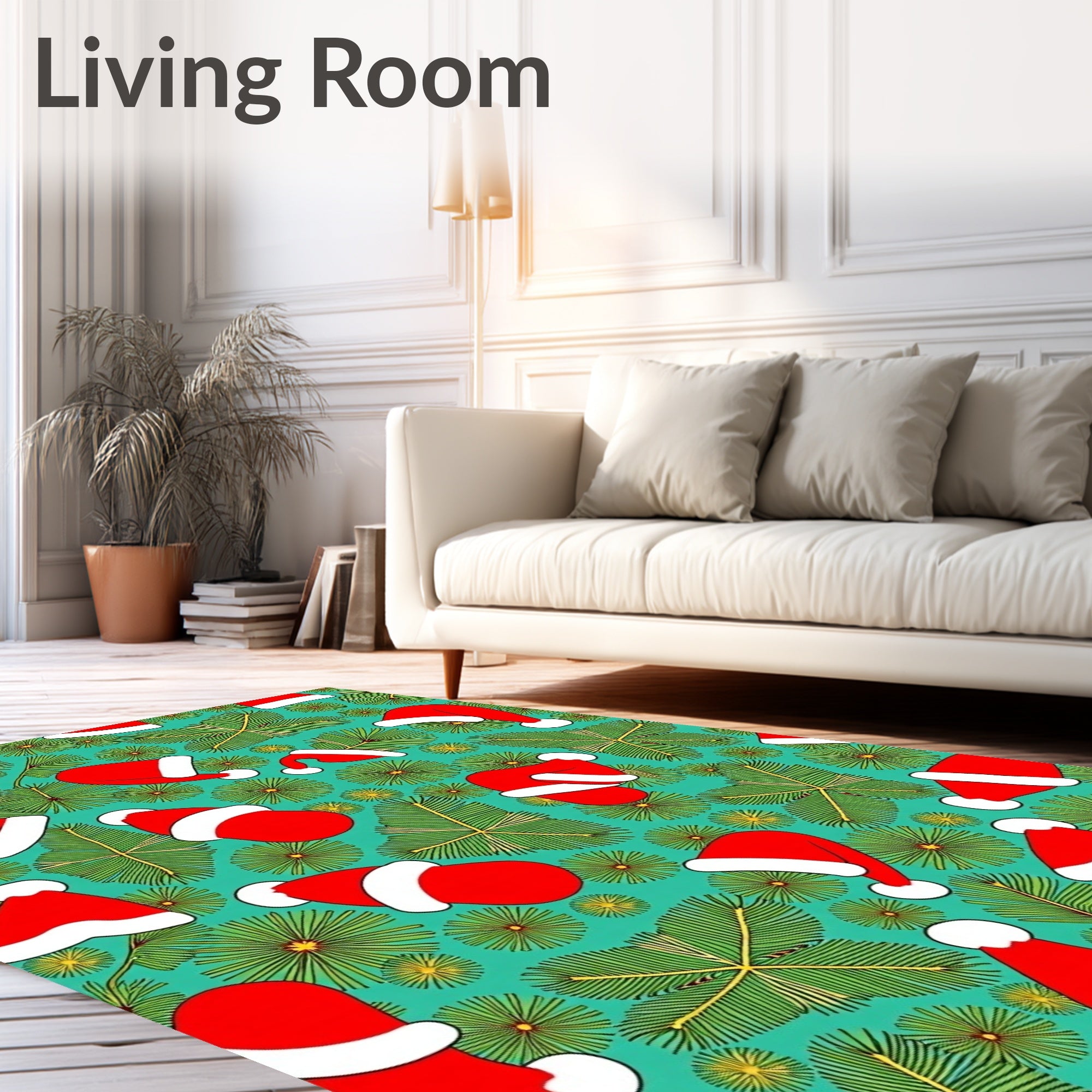 Red Santa Hats Pine Needles Teal Rug
