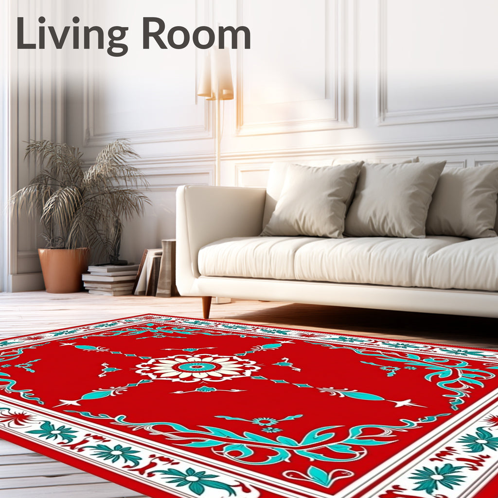Red Teal Floral Medallion Classic Design Rug