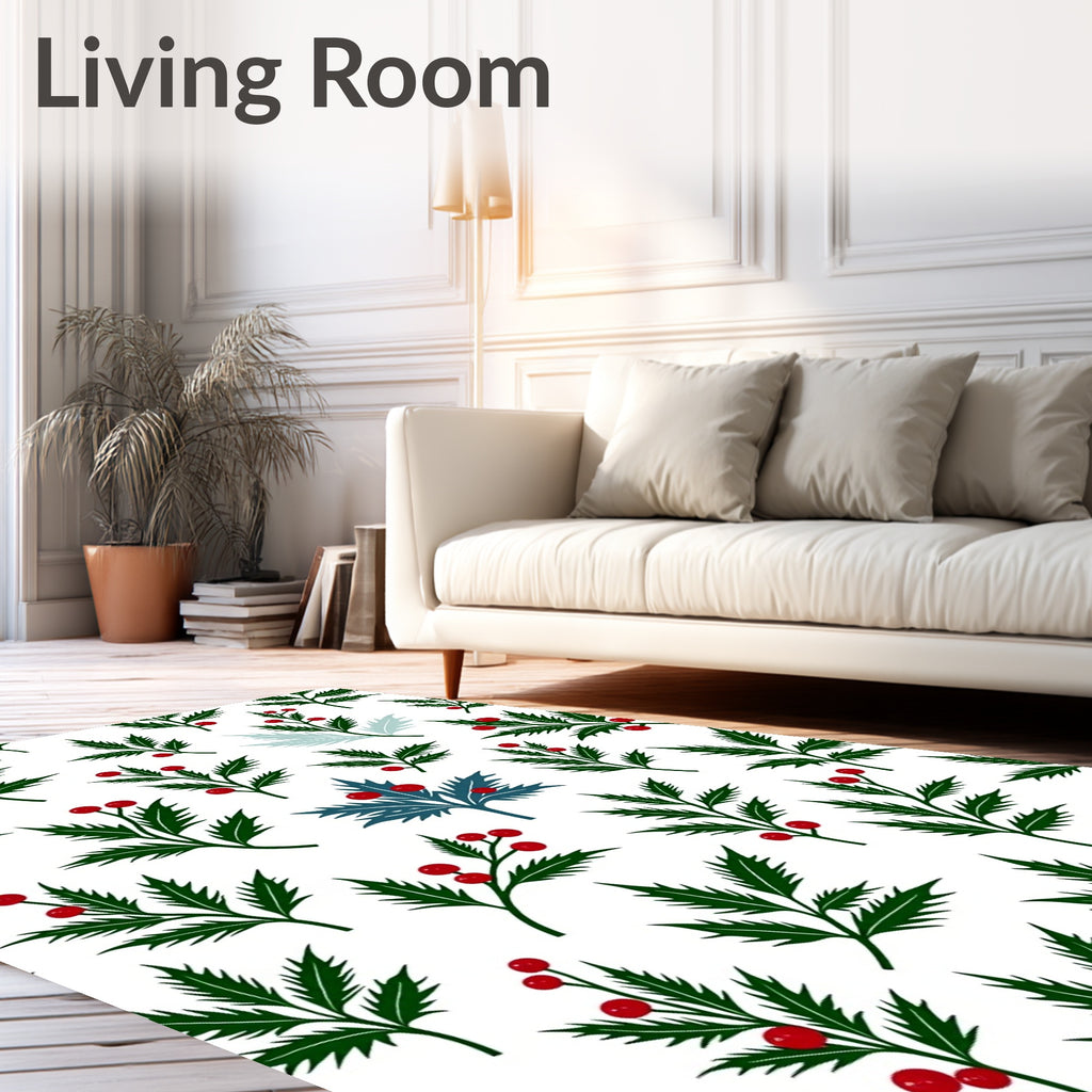 Deep Green Holly Berry Branches Rug