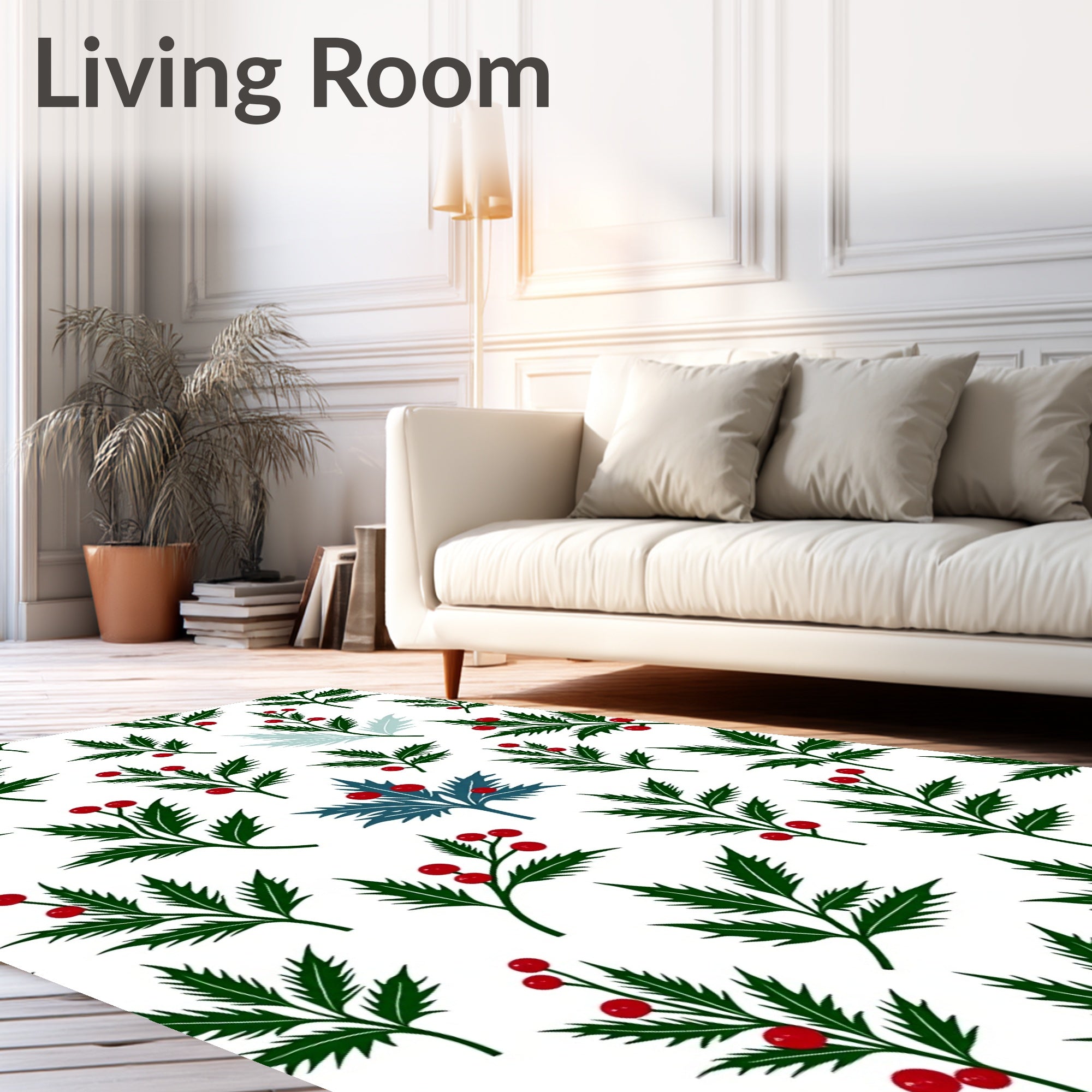 Deep Green Holly Berry Branches Rug