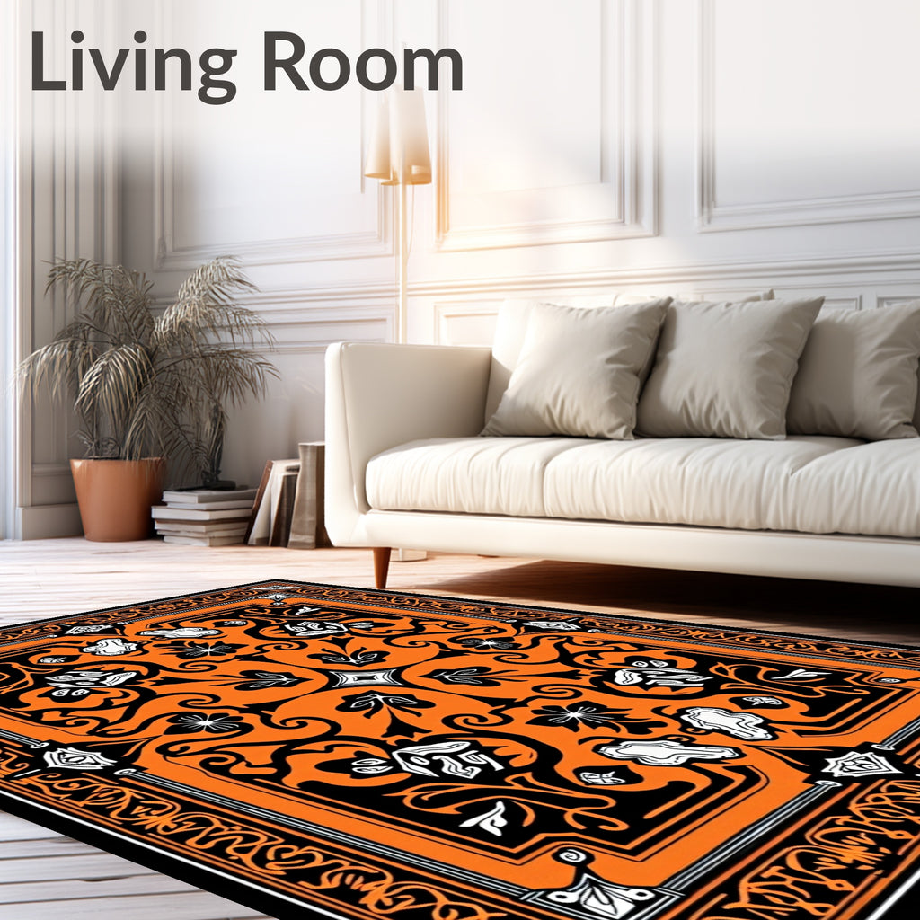 Vibrant Orange Black Floral Medallion Design Rug