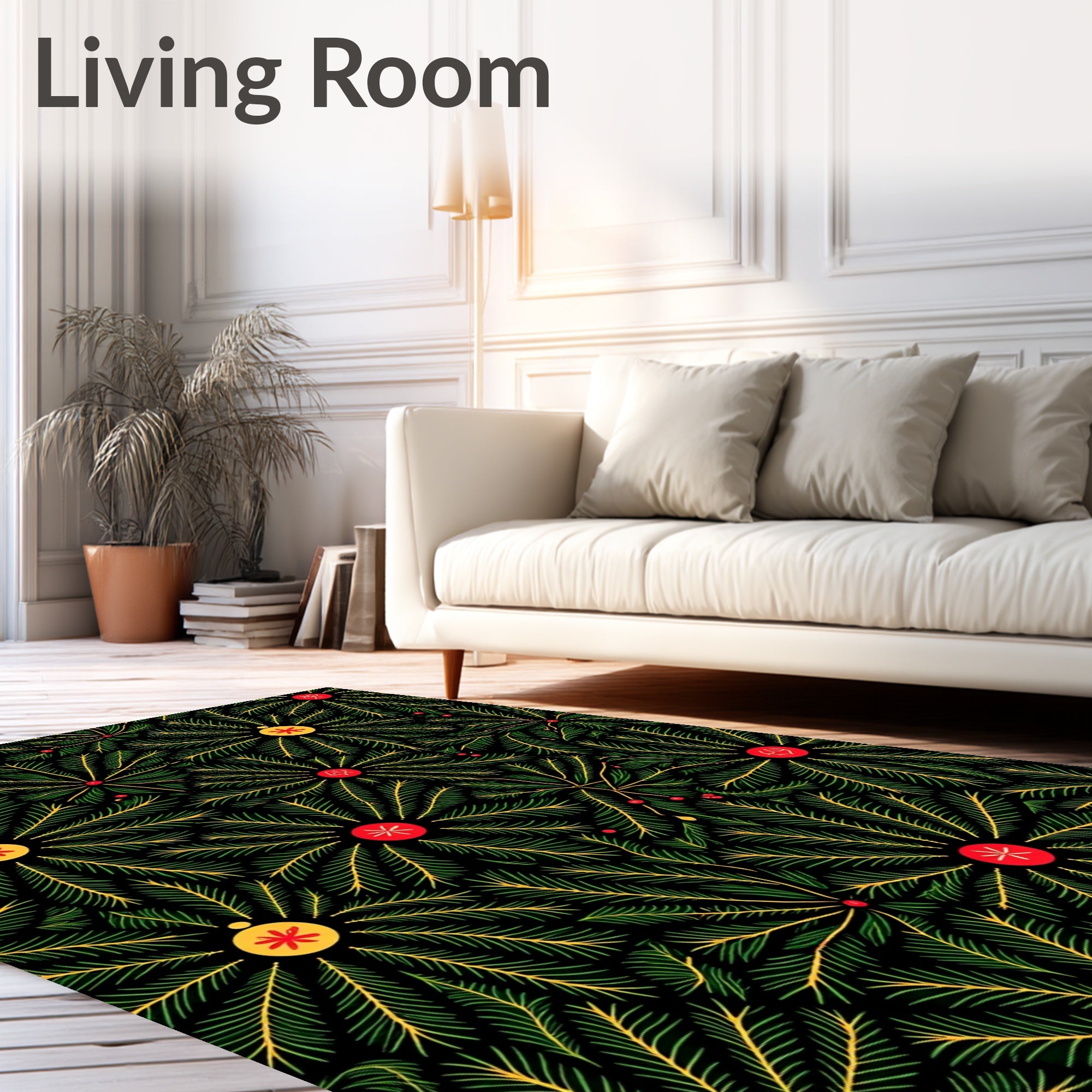 Green Pine Sprigs with Red Yellow Ornaments Rug
