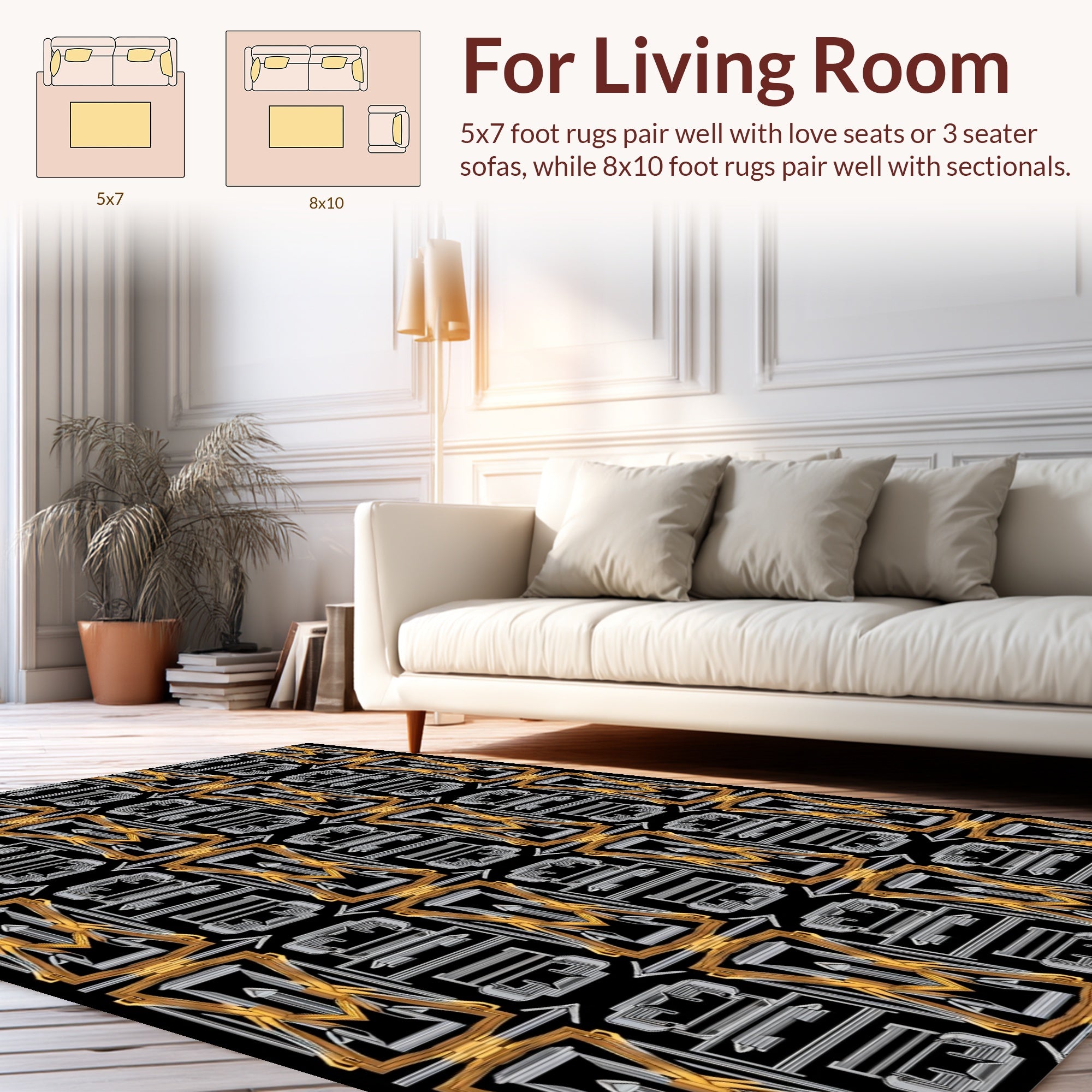 Gold Silver Geometric Interlocking Pattern Rug