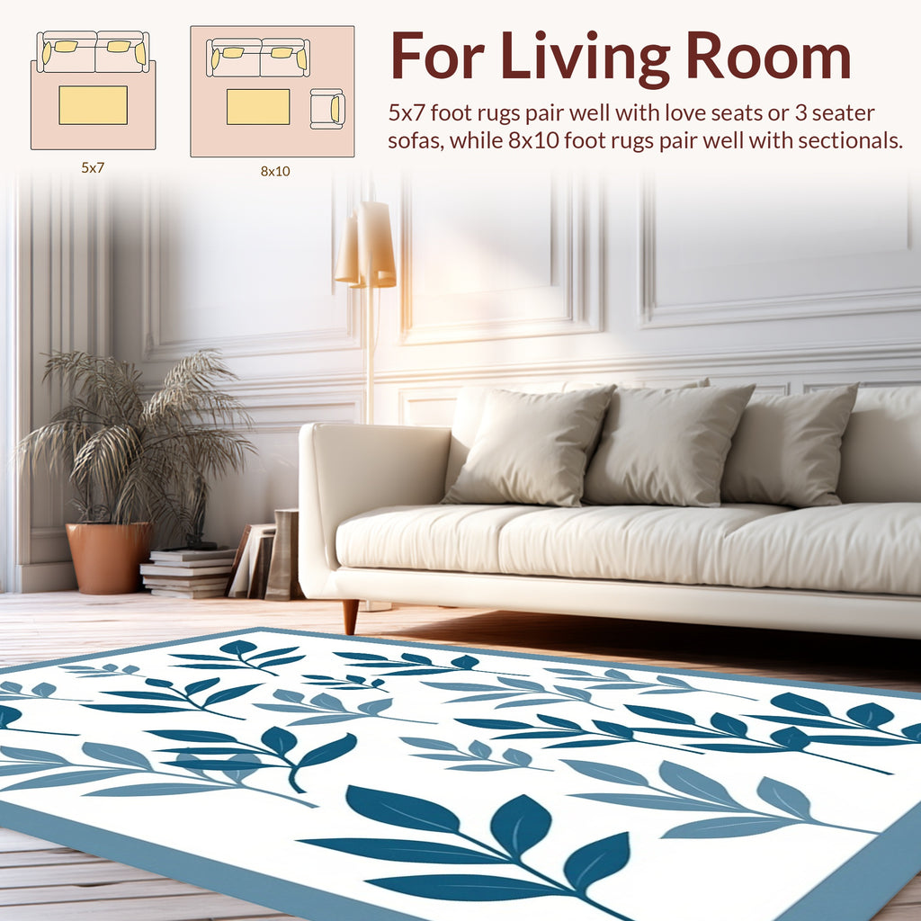 Blue Leaf Branch Pattern Area Rug