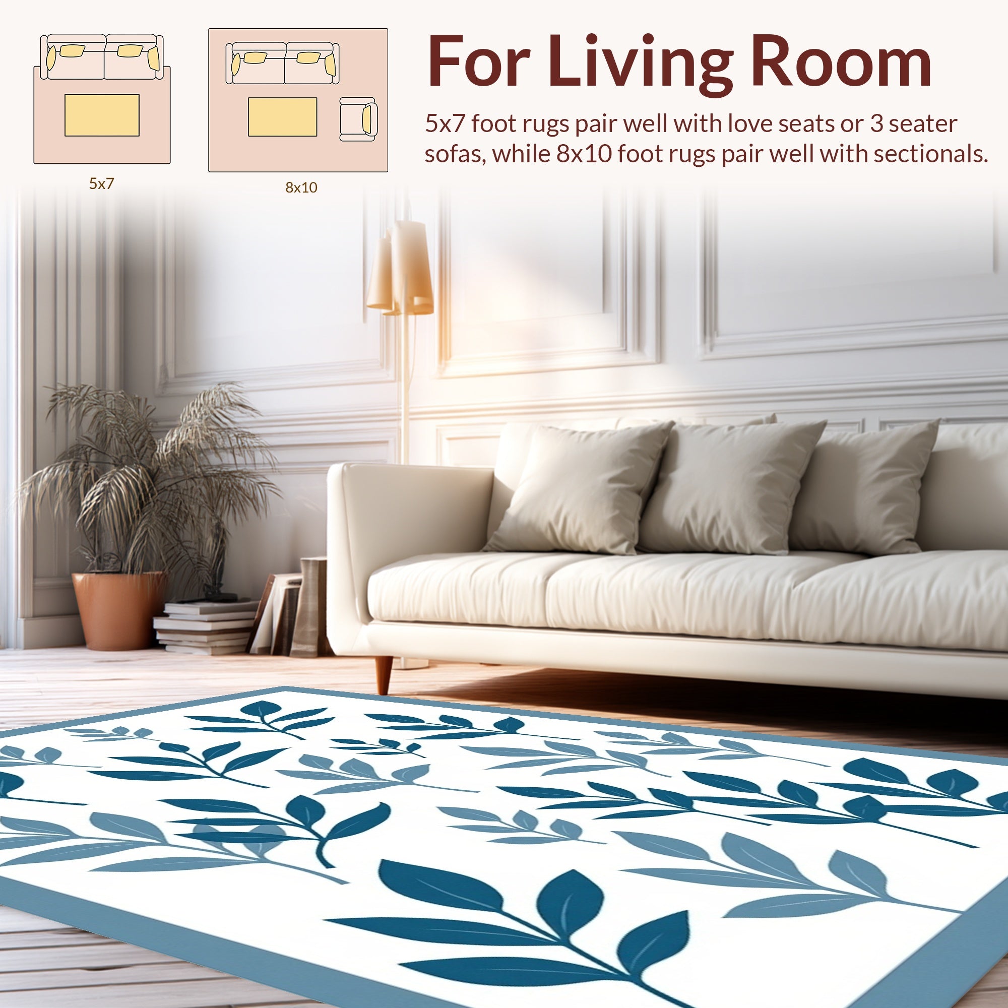 Blue Leaf Branch Pattern Area Rug